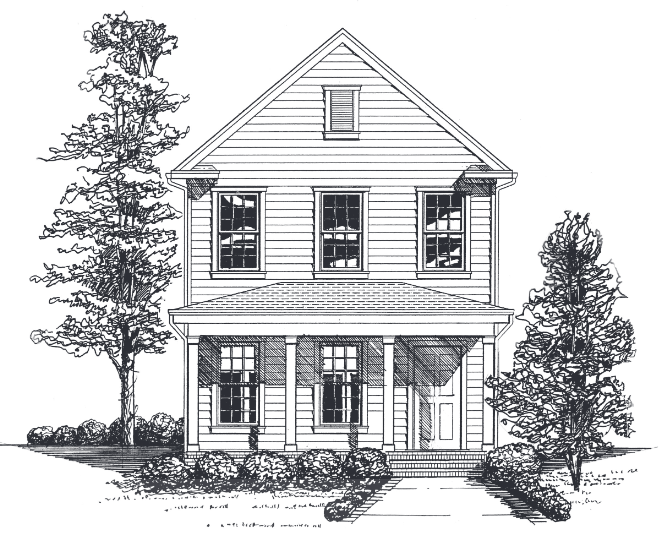 Two-story house with a porch, three windows on the top floor, trees on each side, a sunny day.