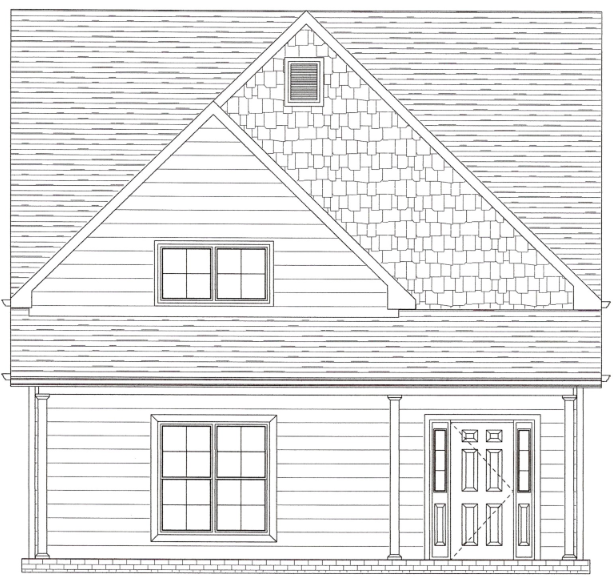 Elevation drawing of a house with a porch and gable roof, featuring a window and front door.