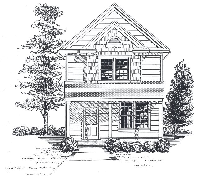 Two-story house with porch and gable roof, featuring siding and landscaping.
