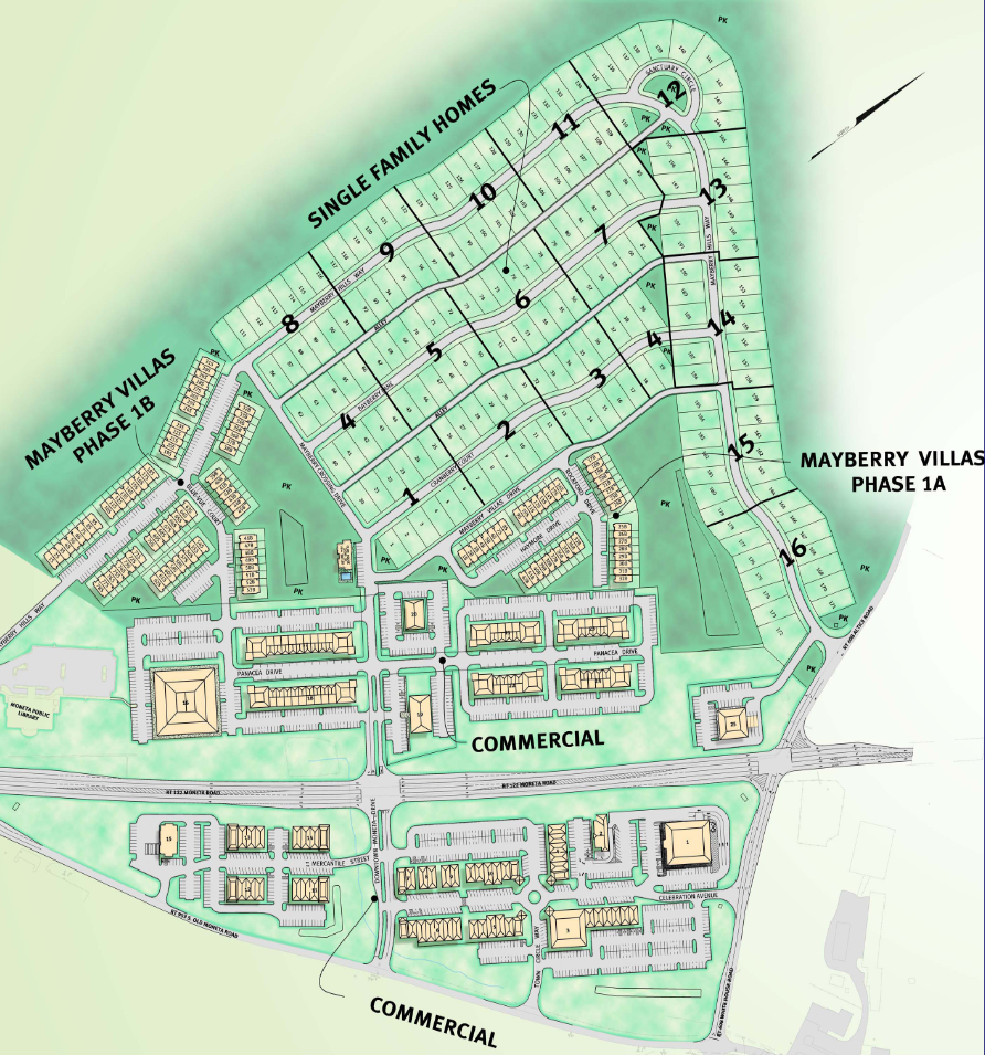 Map of a planned community with single-family homes, commercial areas, and phases marked for development.