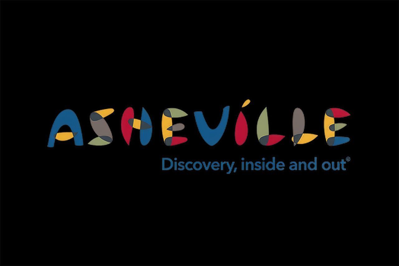 Asheville logo on black background with multicolored, stylized letters; slogan 