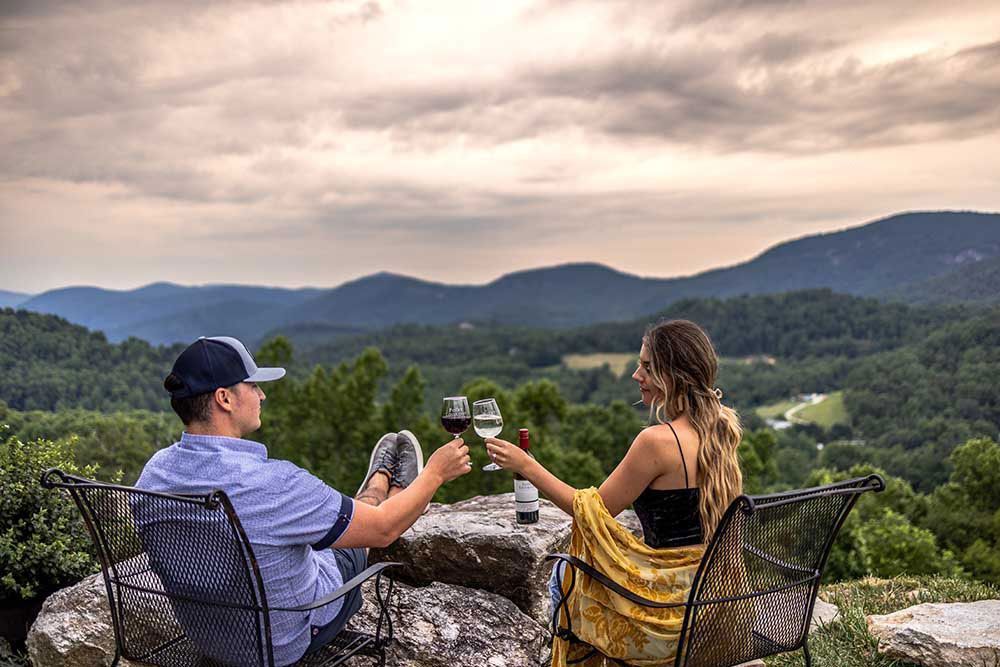 People toasting with red wine glasses.