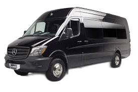 Black Mercedes-Benz Sprinter van. Side view with dark tinted windows.