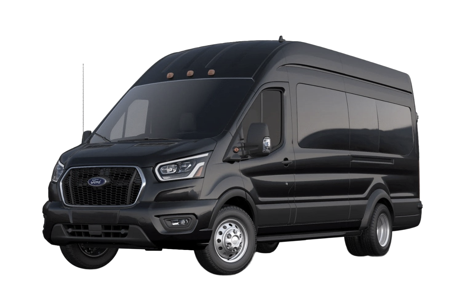 Black Ford Transit passenger van.