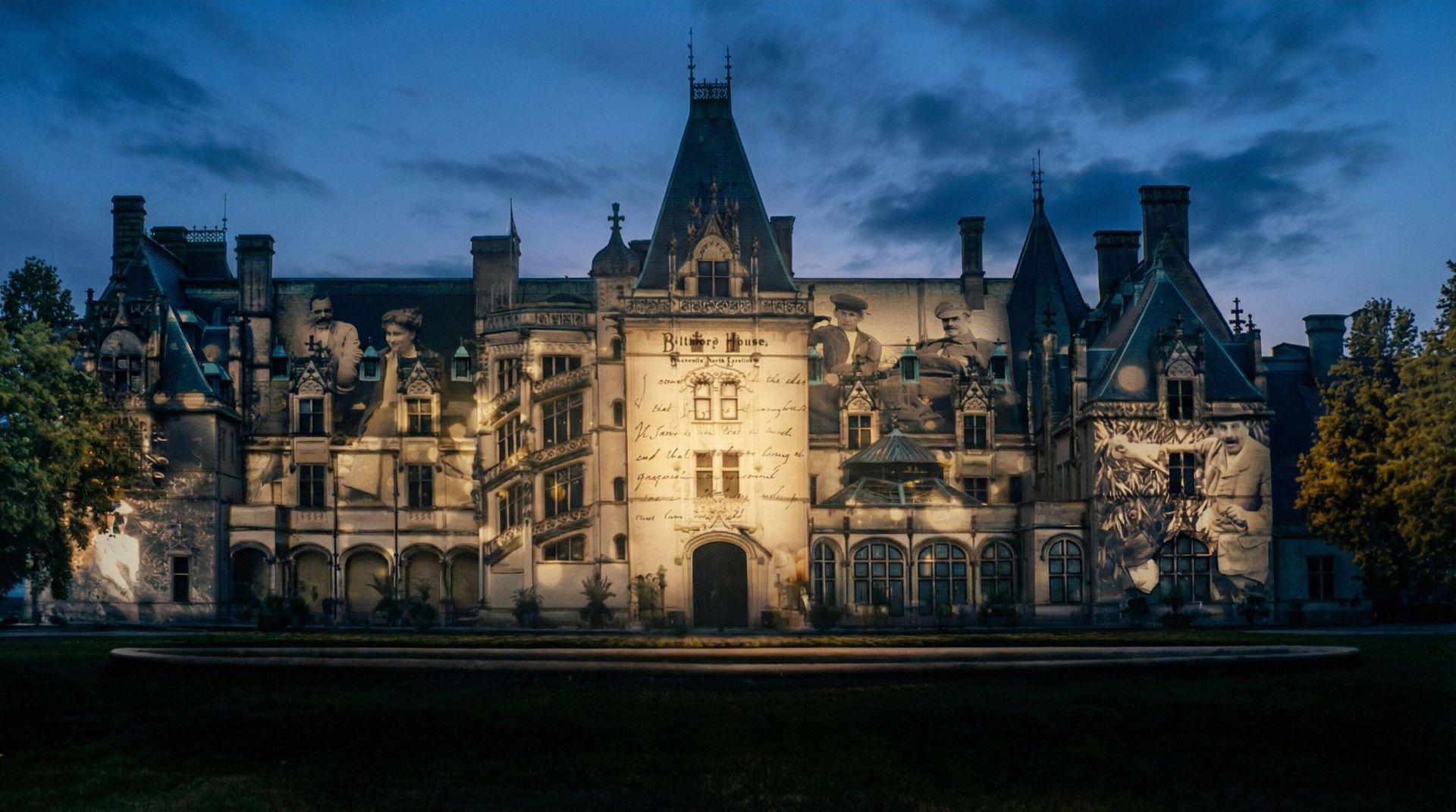 The Biltmore Estate is lit up at dusk showcasing it's new Luminere experience.
