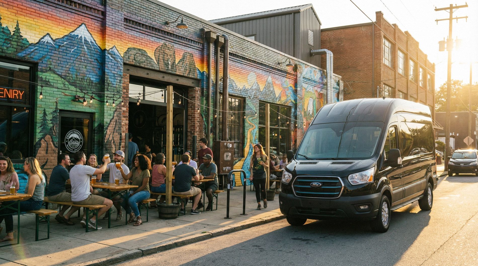 Black van parked outside an Asheville brewery with people seated at outdoor tables. 