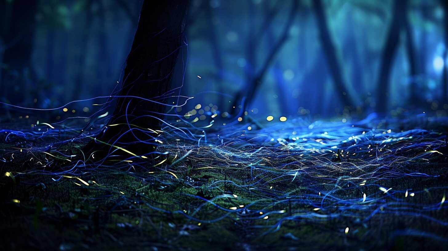 A dark forest floor illuminated by glowing blue light and streaks of blue ghost fireflies.