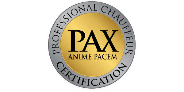 PAX Professional Chauffeur Certification badge. Gold and silver circular emblem with text.