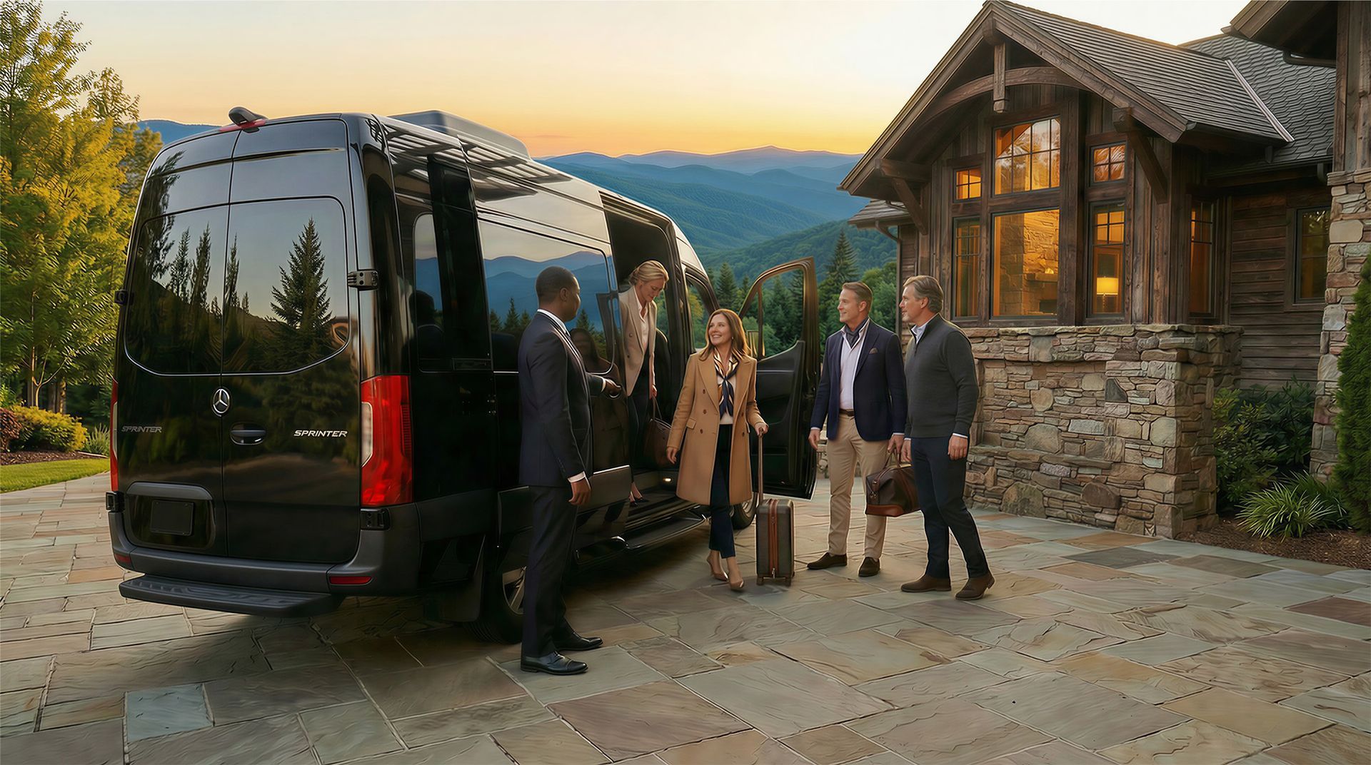 Black Mercedes Sprinter van parked in front of a stone retreat center; Guests are exiting the van as a chauffeur assists them.
