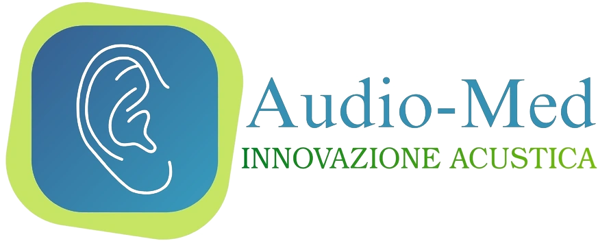 Logo Audio-Med con icona di orecchio blu e contorno verde, testo “INNOVAZIONE ACUSTICA”