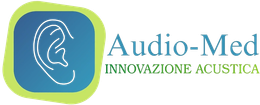 Logo Audio-Med con icona di orecchio blu e contorno verde, testo “INNOVAZIONE ACUSTICA”