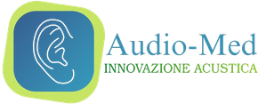 Logo Audio-Med con icona di orecchio blu e contorno verde, testo “INNOVAZIONE ACUSTICA”