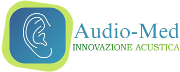 Logo Audio-Med con icona di orecchio blu e contorno verde, testo “INNOVAZIONE ACUSTICA”