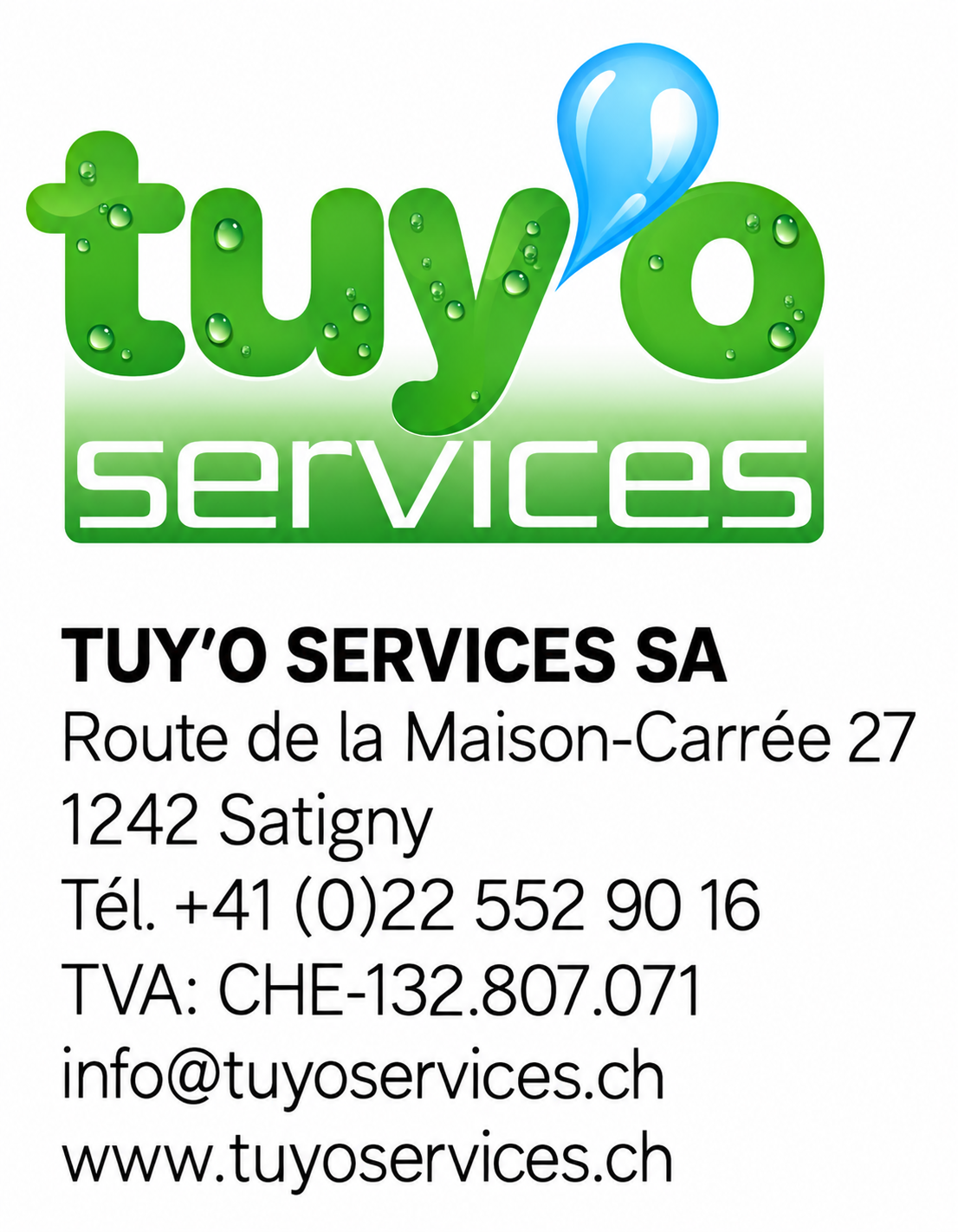 Logo de TUYO Services SA avec coordonnées sur fond blanc, en vert et bleu