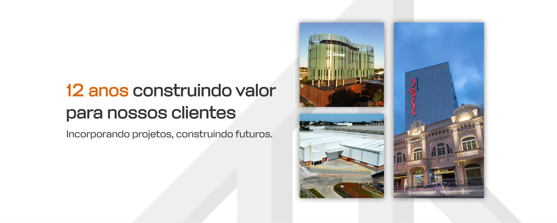 Arte promocional em espanhol para “12 anos valor” com três fotos de edifícios em fundo branco.