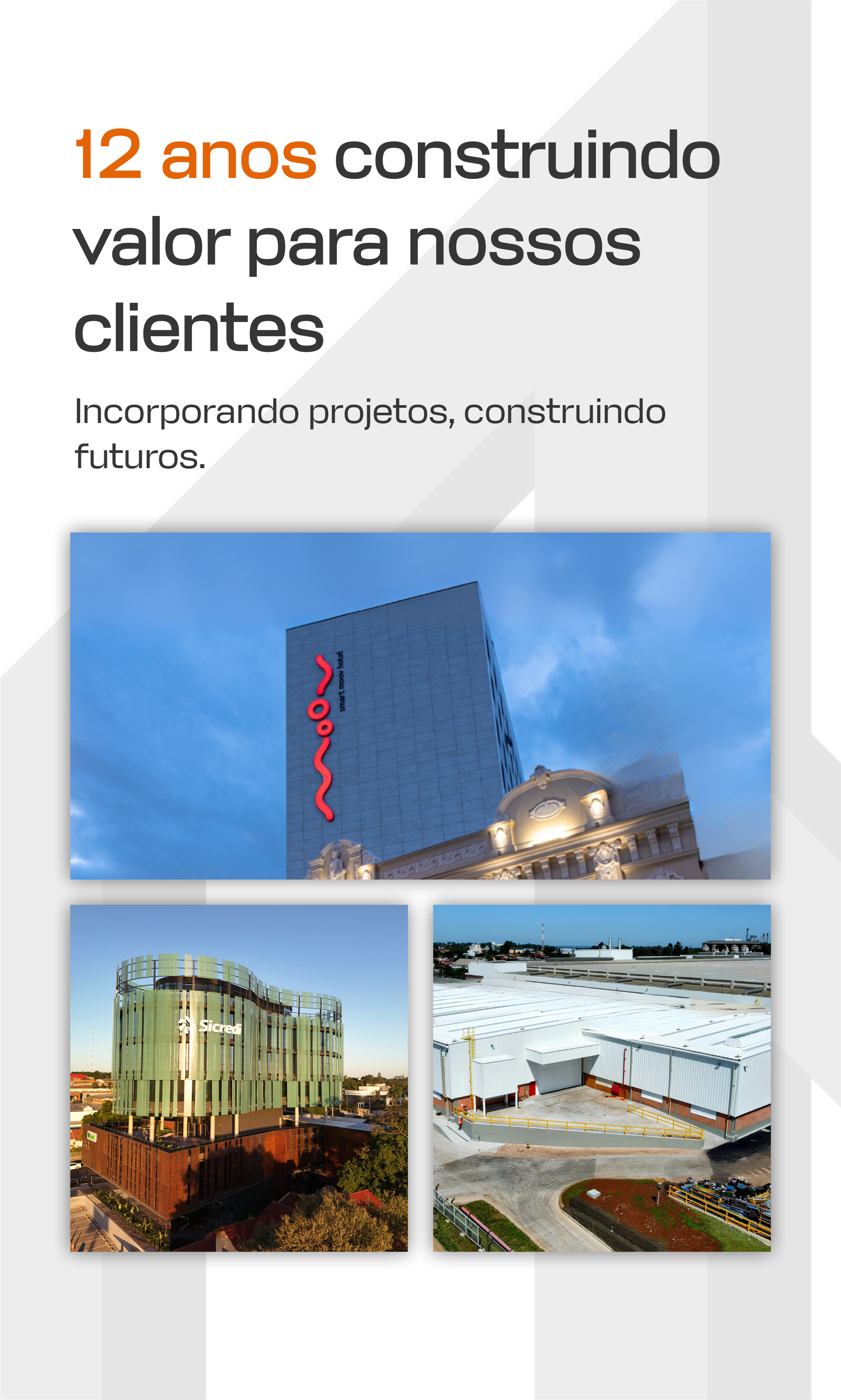 Promotional collage of modern buildings with text: “12 anos construindo valor para nossos clientes”