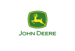 Logotipo da John Deere com um veado amarelo em um escudo verde e o nome da marca abaixo.