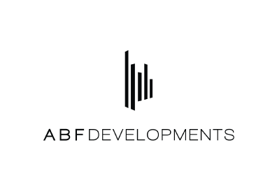 Logotipo da ABF Developments com barras geométricas pretas acima do nome da empresa em fundo branco.