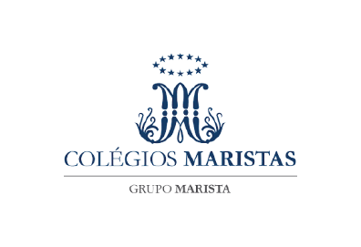 Logotipo dos Colégios Maristas em azul marinho com estrelas acima, sobre fundo branco com “Grupo Marista” abaixo.