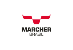 Logotipo da MARCHER BRASIL com emblema vermelho e texto preto sobre fundo branco.