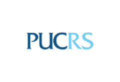 Logotipo da PUCRS em texto com degradê azul sobre fundo branco.