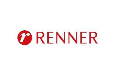 Logotipo da RENNER em vermelho com um ícone estilizado da letra “r” sobre fundo branco.