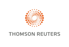Logotipo da Thomson Reuters com ícone de espiral de ponto laranja acima de texto cinza