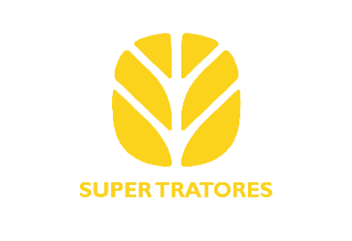 Logotipo amarelo da Super Tratores com ícone estilizado de planta e texto em fundo branco.
