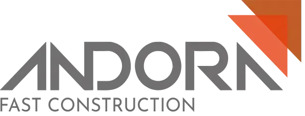 Logotipo da ANDORN Fast Construction com texto cinza e detalhes geométricos em laranja.