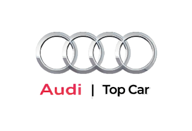 Logotipo da Audi com quatro anéis prateados e a inscrição “Audi | Top Car” abaixo.
