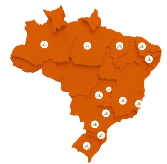 Mapa laranja do Brasil com vários marcadores de localização em diversas regiões.