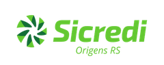 Logotipo da Sicredi Origens RS em verde com um ícone em forma de estrela e texto em itálico sobre fundo branco.