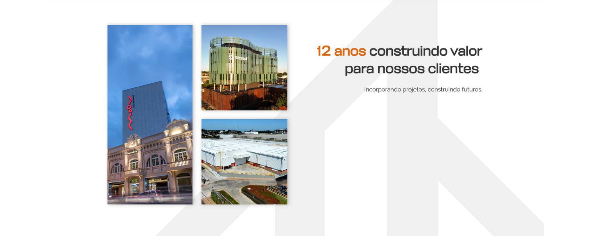 Collage of three building photos with the text “12 anos construindo valor para nosso cliente”