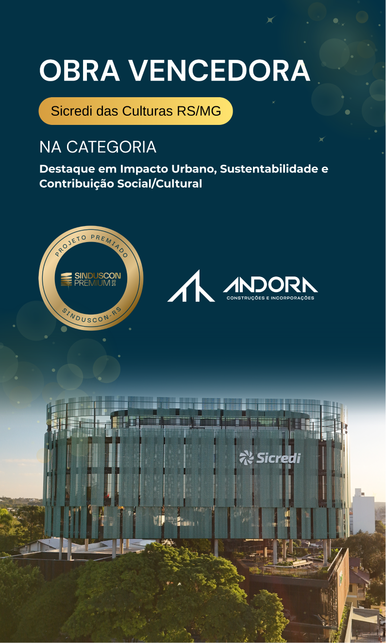 Obra vencedora: edifício moderno com selo de sustentabilidade e logotipos Andor e NAI Capital.