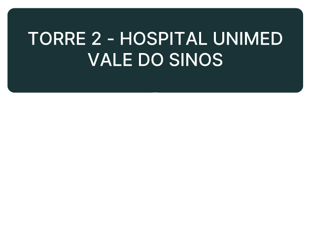 Placa branca com cabeçalho verde escuro com a inscrição “TORRE 2 - HOSPITAL UNIMED VALE DO SINOS”