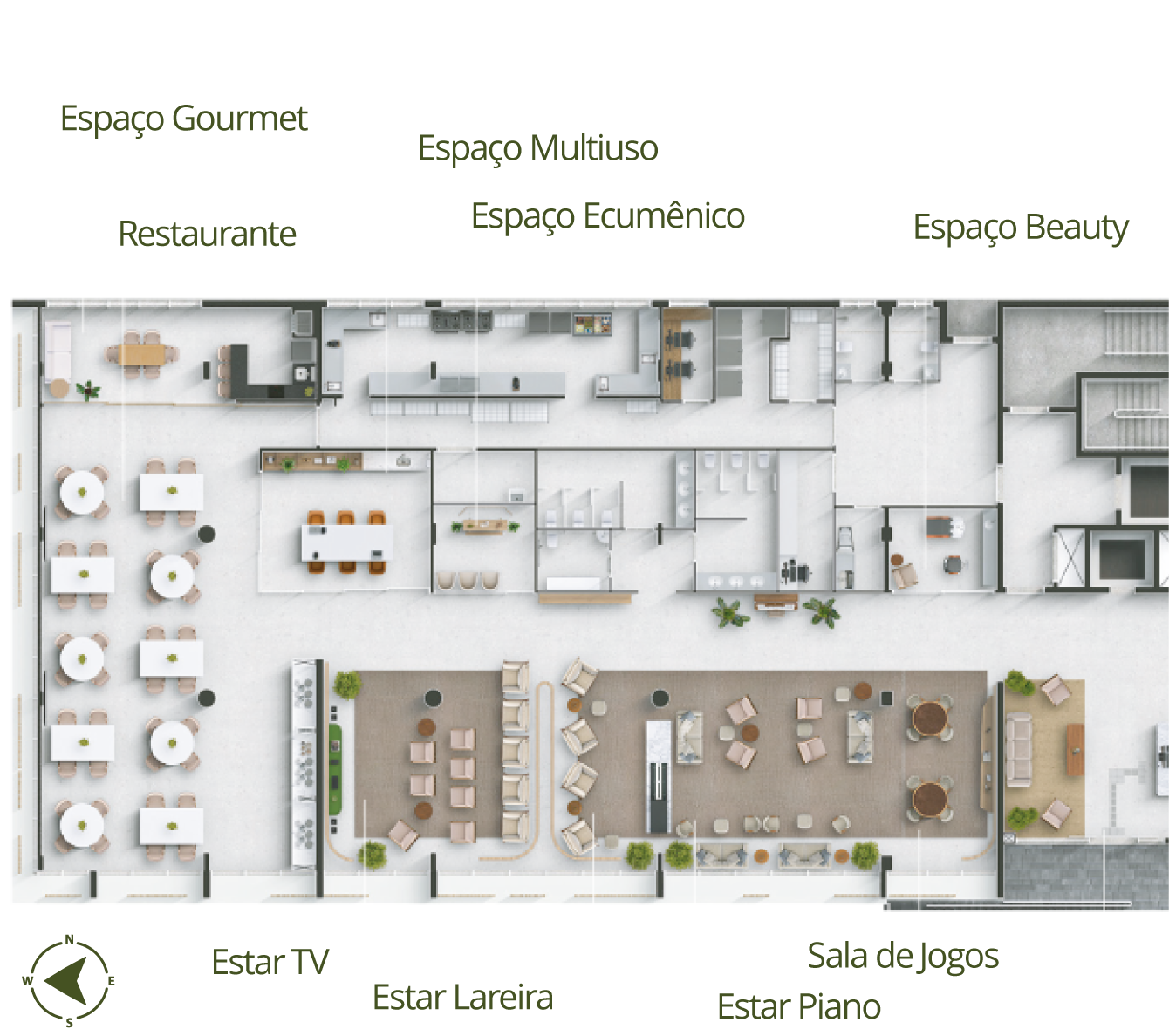 Planta baixa de uma casa com os espaços identificados: cozinha gourmet, sala de bilhar, área de beleza, TV, lareira.