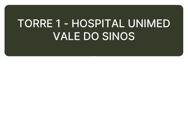 Placa com a inscrição “TORRE 1 - HOSPITAL UNIMED VALE DO SINOS” sobre fundo verde escuro.