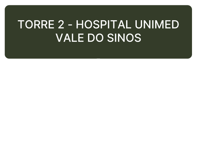 Placa branca com cabeçalho verde escuro com a inscrição “TORRE 2 - HOSPITAL UNIMED VALE DO SINOS”