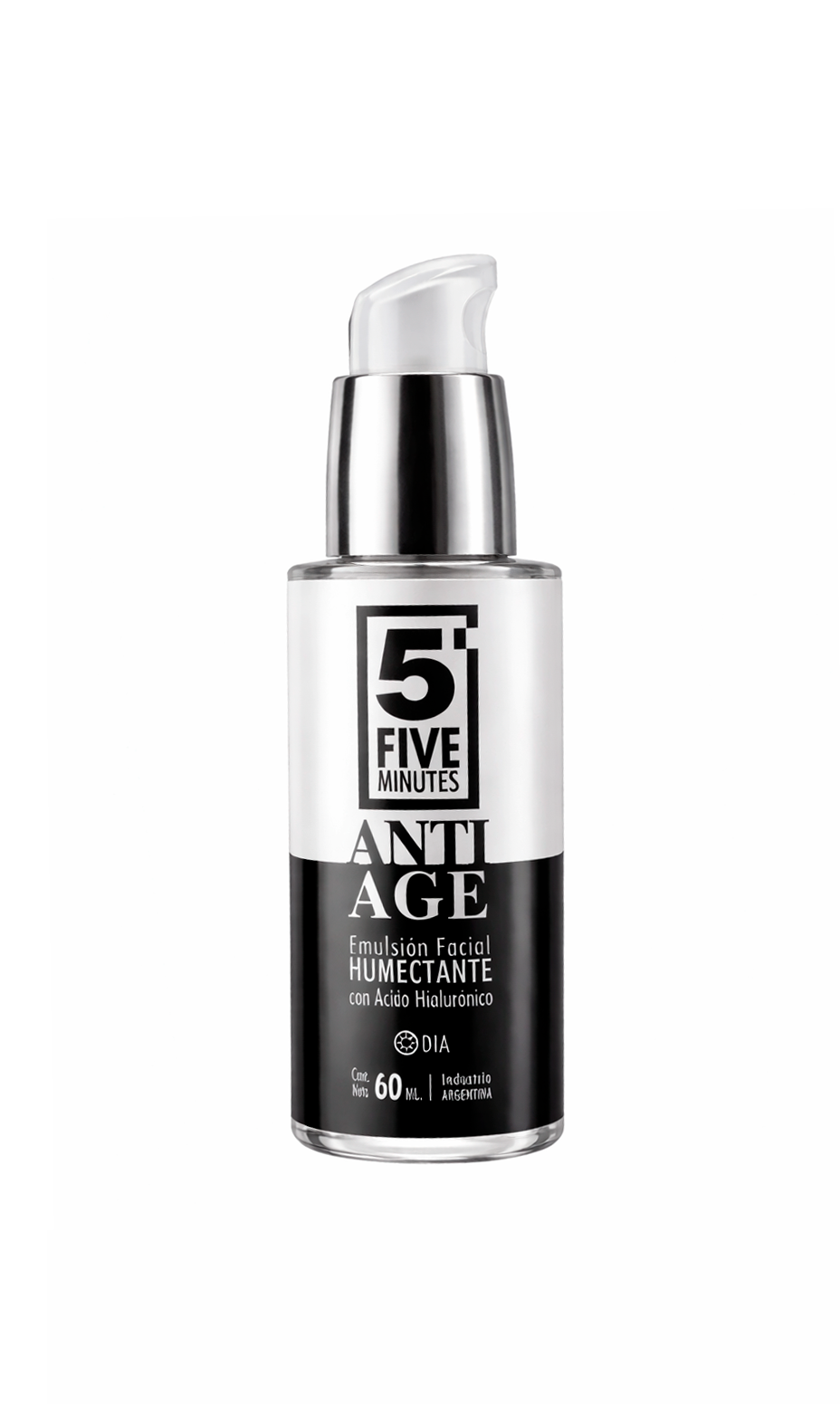Frasco de suero facial antiedad con dosificador plateado. Diseño en blanco y negro con el texto 