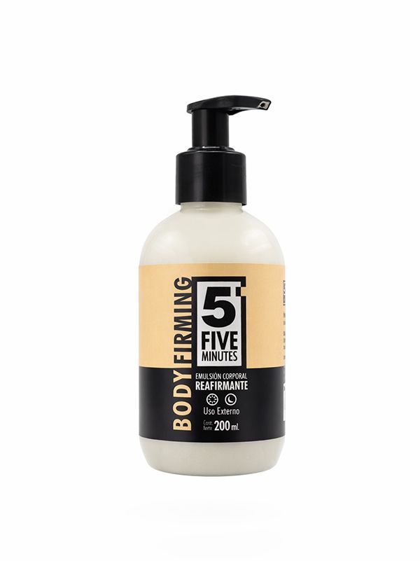 Frasco negro con dosificador de crema hidratante reafirmante corporal con etiqueta beige sobre fondo blanco.