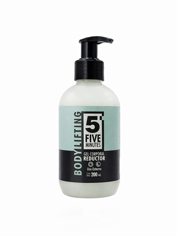 Frasco blanco con dosificador de loción corporal “5ive” con tapa negra sobre fondo liso.