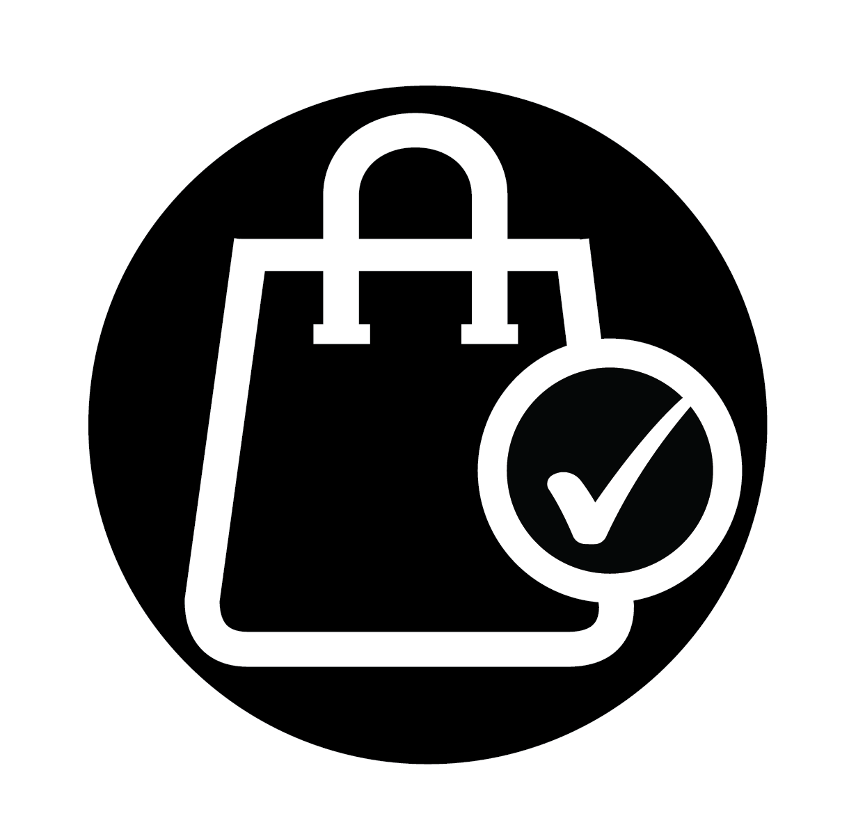 Icono de bolsa de compras con una marca de verificación, que indica una compra exitosa.