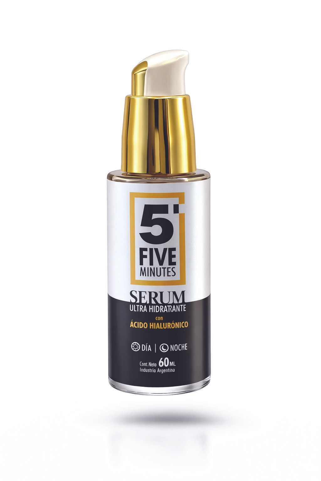 Frasco de sérum alisador Five Minute Styling con dosificador dorado y etiqueta oscura sobre fondo blanco.