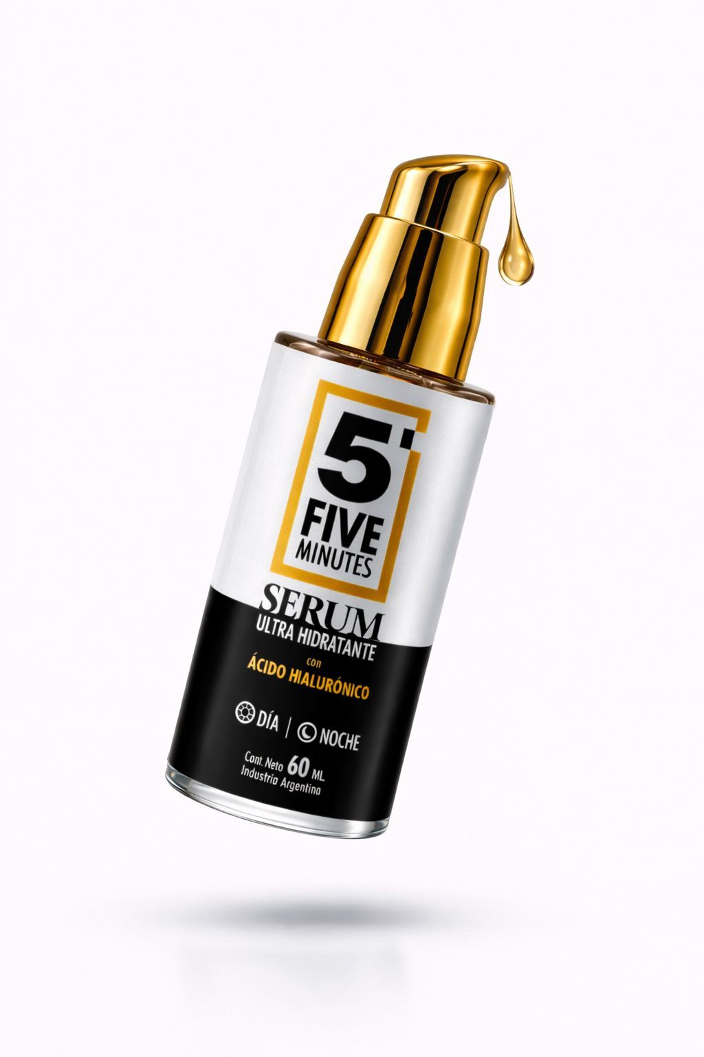 Frasco de sérum alisador Five Minute Styling con dosificador dorado y etiqueta oscura sobre fondo blanco.