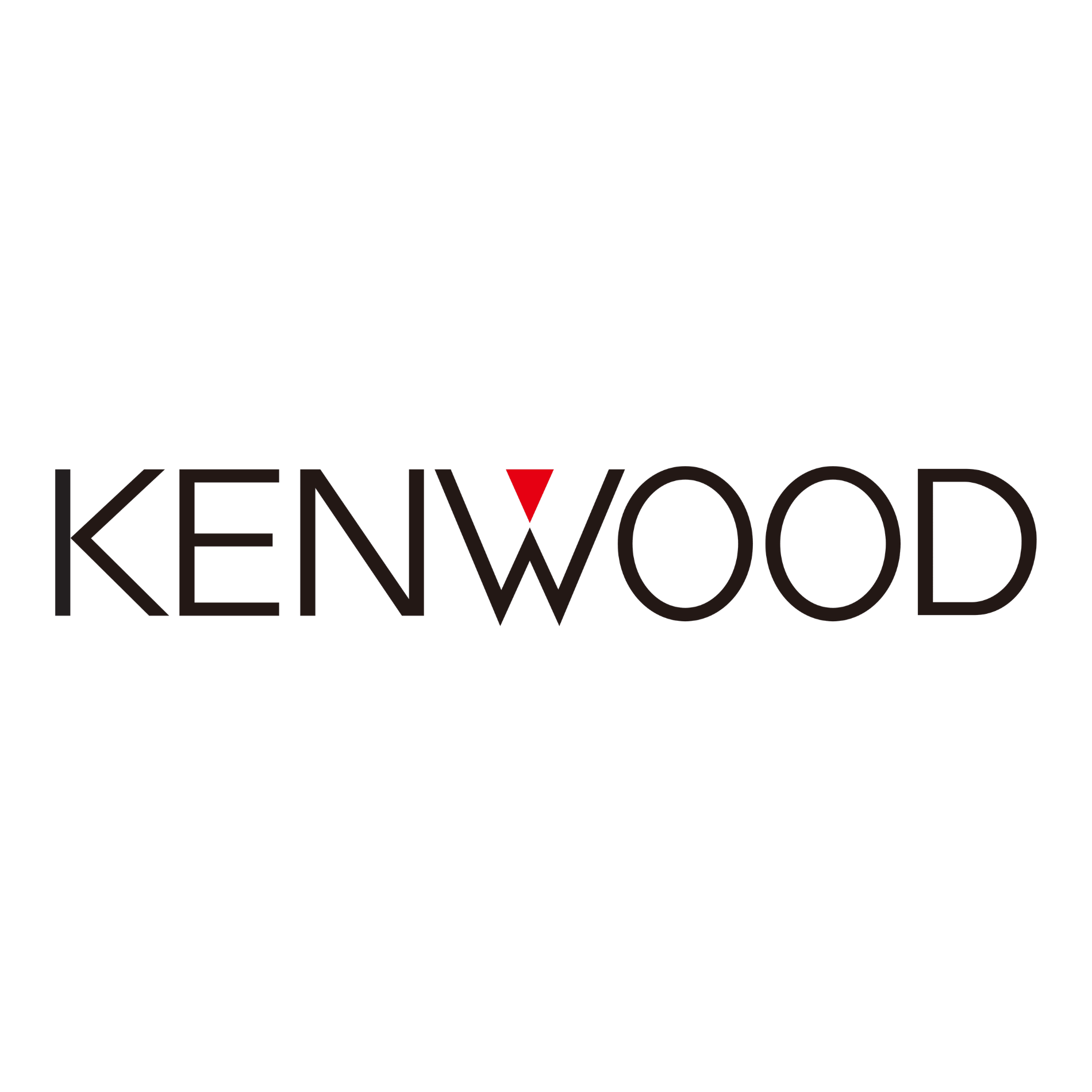Kenwood logo: Black sans-serif text with a red inverted triangle above the 