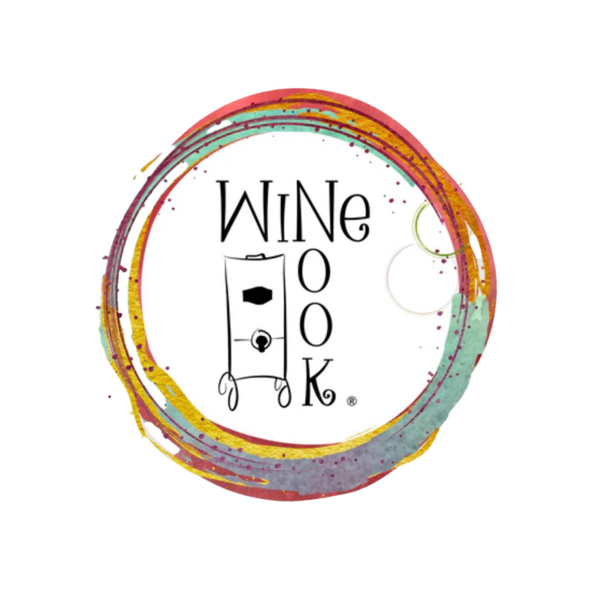 Logo for Wine O'clock, features a wine barrel illustration within a colorful, circular splash.