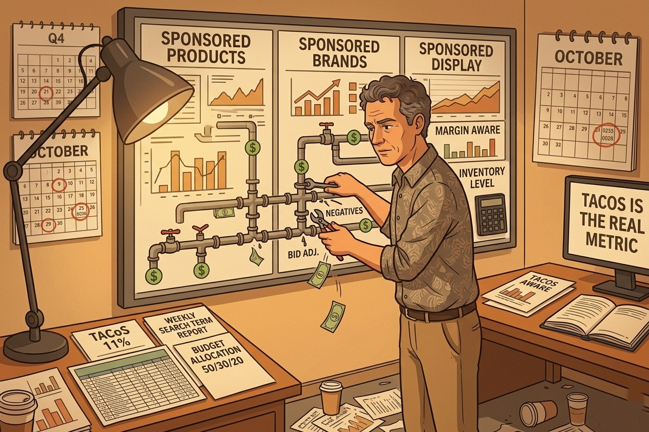 Amazon advertising management illustration showing PPC optimization, TACoS, and budget allocation