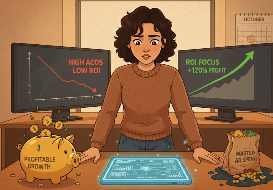 Woman at desk, conflicted, with two monitors. One shows declining ROI, the other shows rising profit
