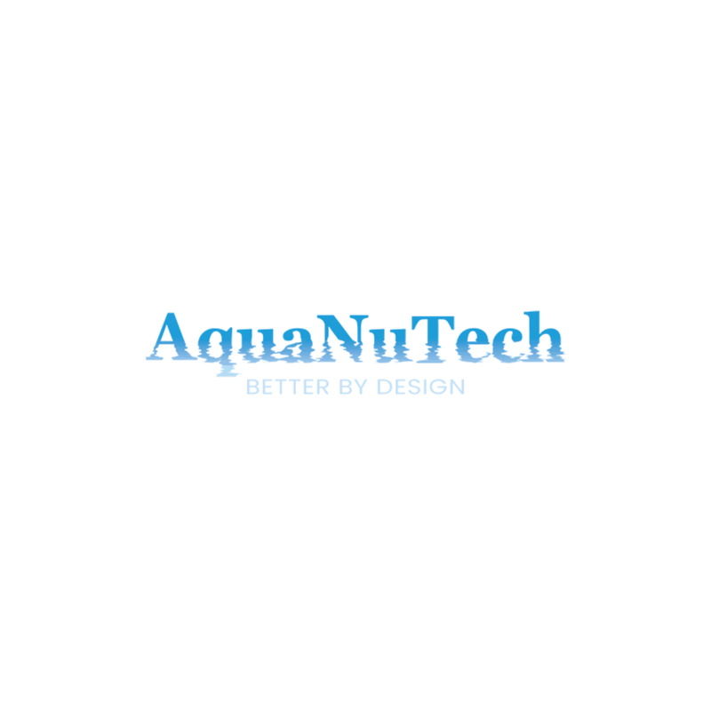Logo for AquaNuTech. Blue text with subtle water reflection effect, the tagline is 