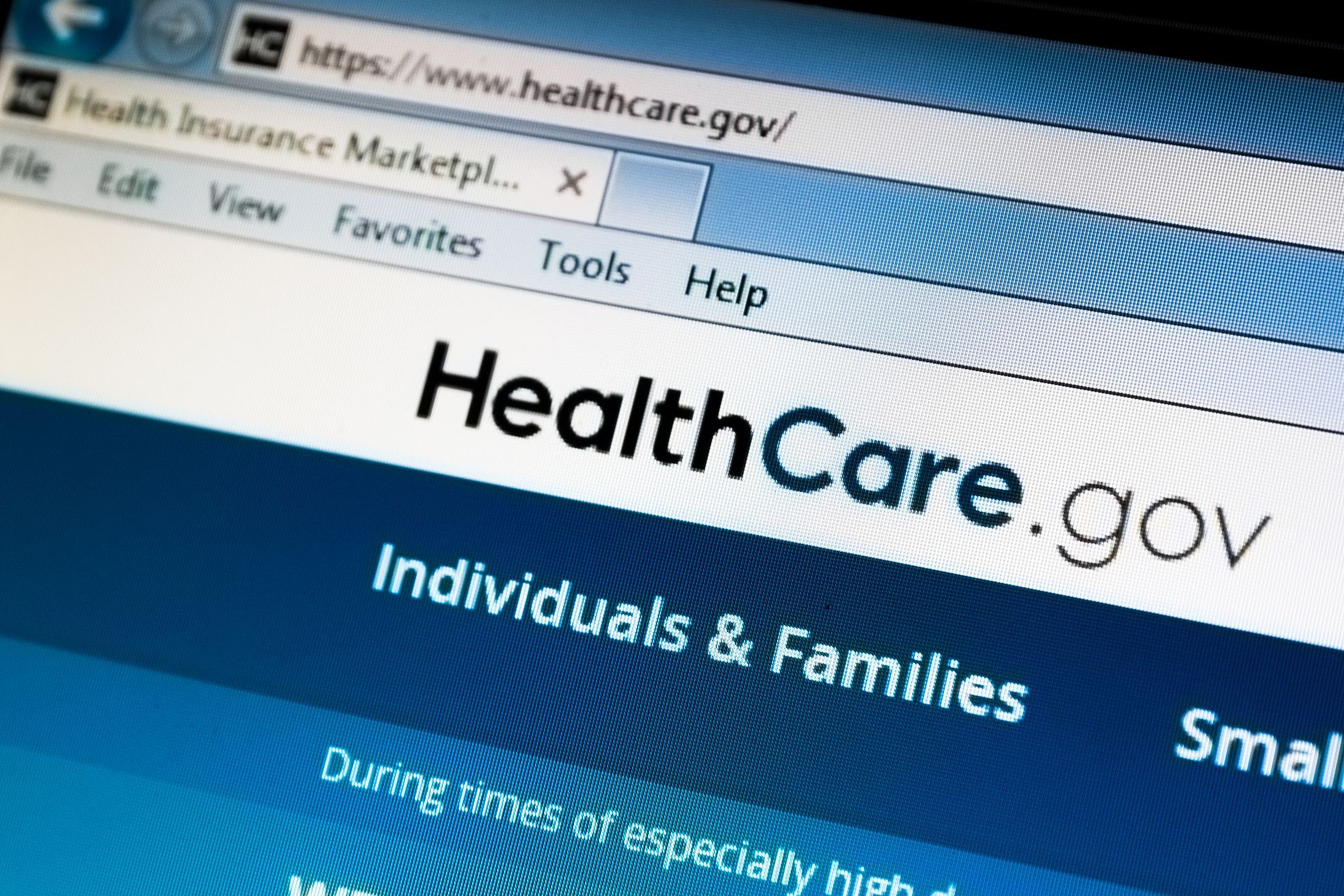HealthCare.gov webpage with blue banner and “Individuals & Families” navigation
